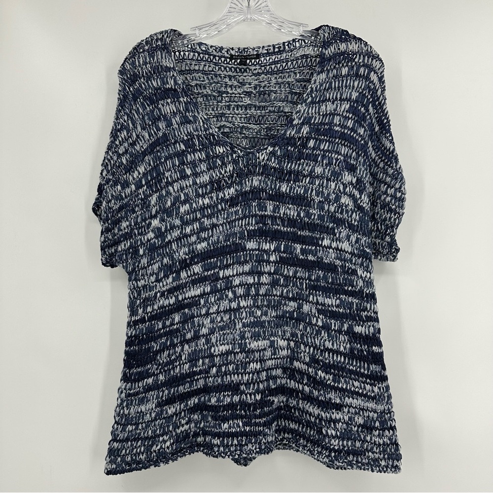 Eileen Fisher Crochet V- Neck Brushstroke Cotton Tape Knit Top Blue White Size L